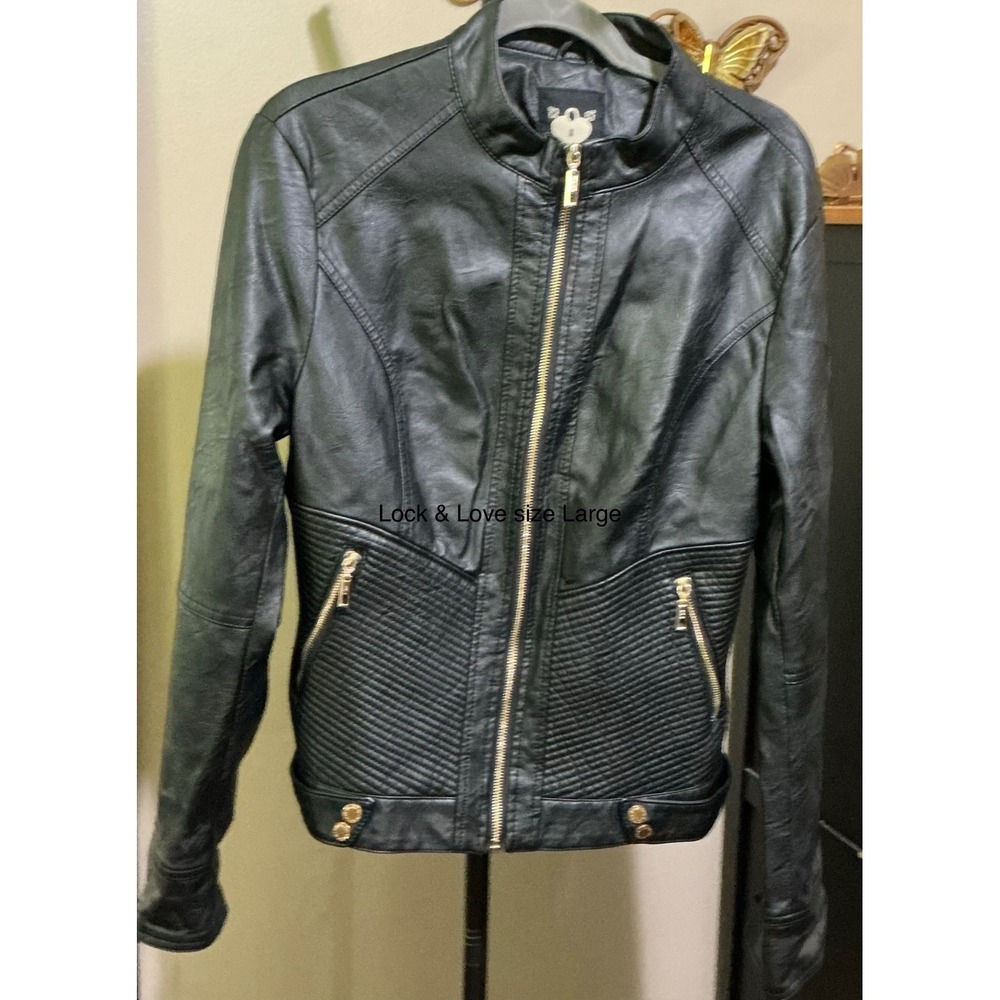 Lock and Love Womens Faux Leather Moto Jacket Black Quilted Ribbed Size Large